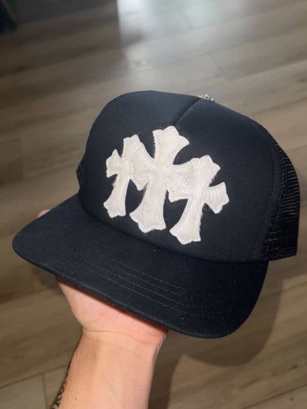 Chrome Hearts Black Trucker Hat with White Cross Patch